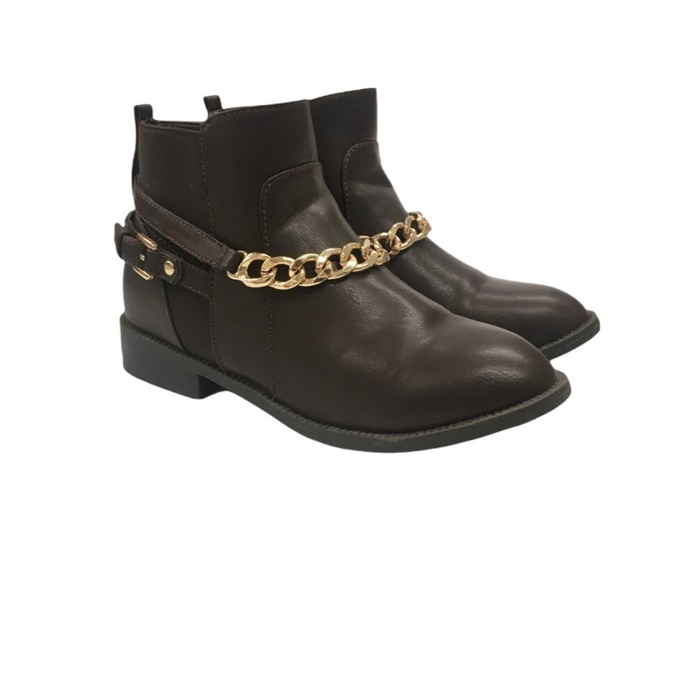 Shoedazzle Brown Ankle Boots Gold Chain Women Size 7 Seren Low Heel Bootie